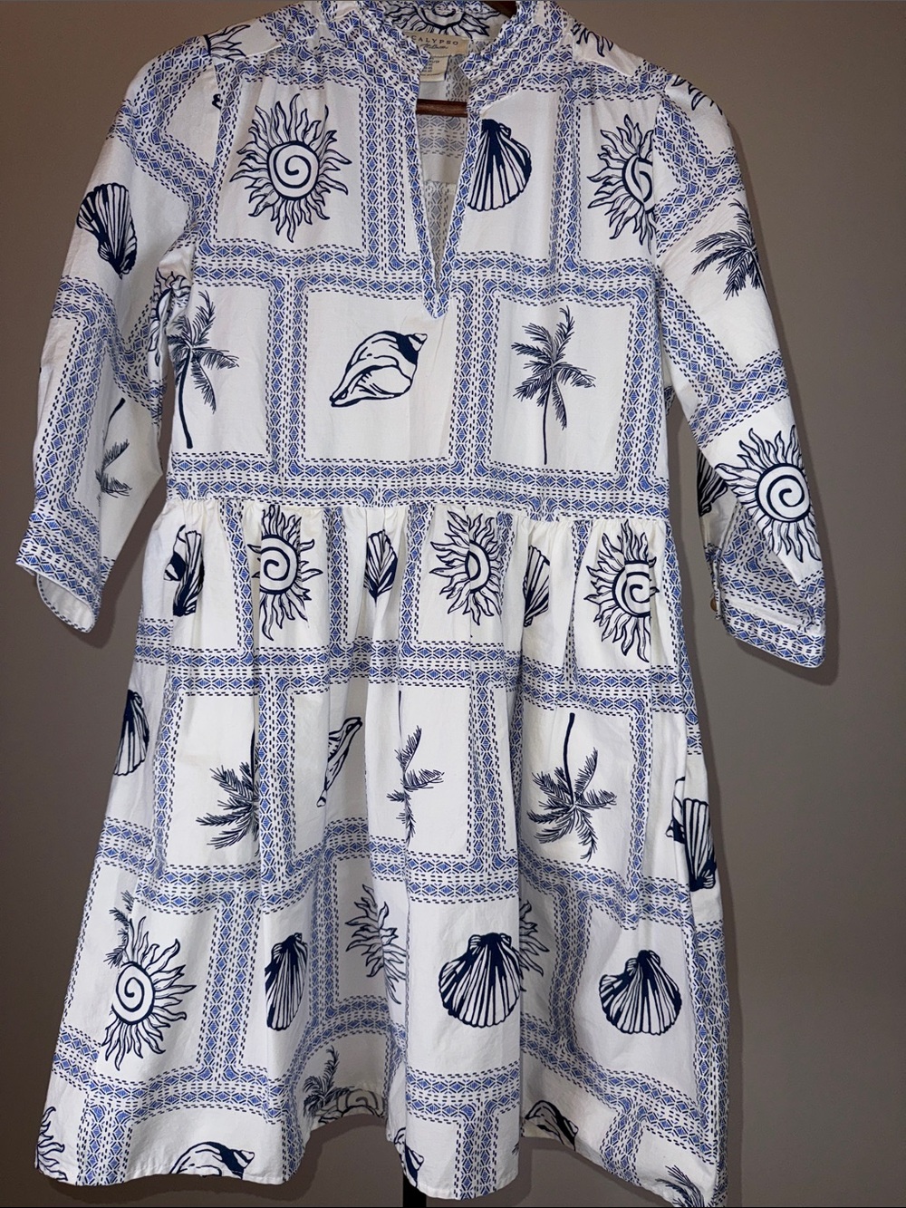Calypso St. Barth Zoe Blue & White Nautical Stamp Print Mini Dress | Size XS